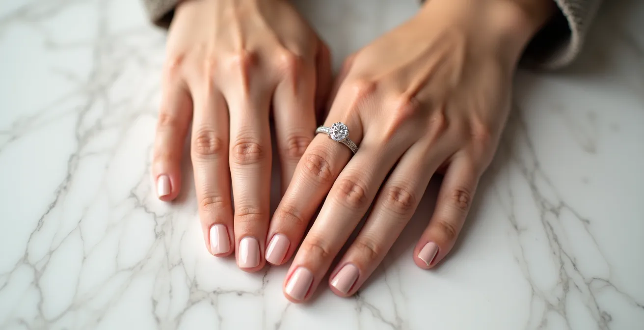 Mains élégantes avec manucure parfaite mettant en valeur une bague de fiançailles