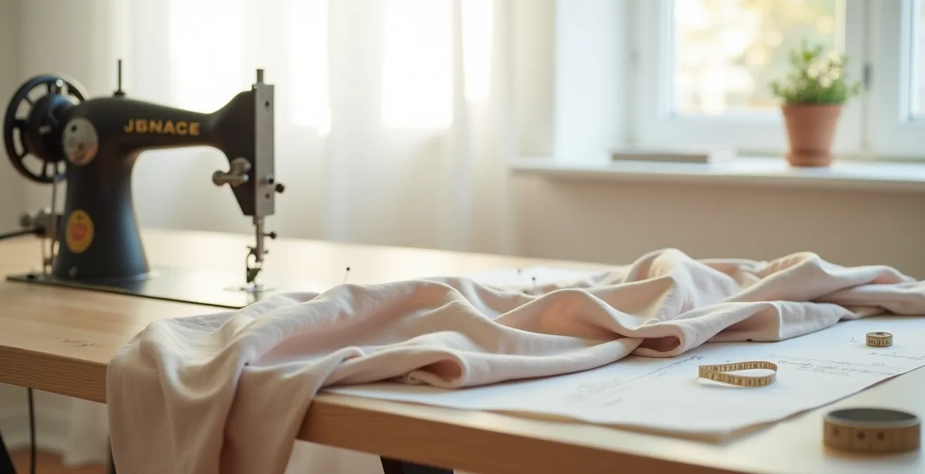 Mise en scène minimaliste d'un pantalon de pyjama en cours de confection avec tissu doux et machine à coudre