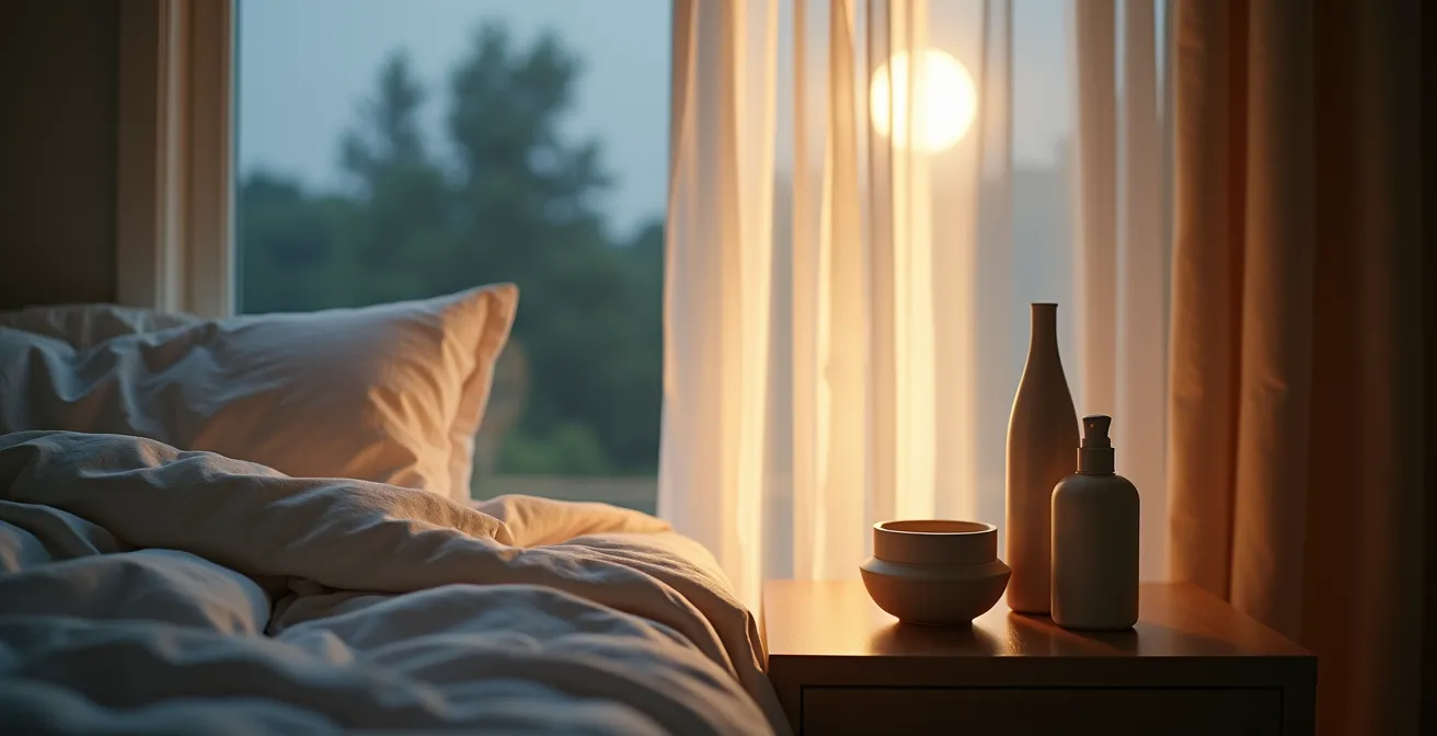 Chambre baignée de lumière lunaire douce avec table de chevet et produits de soin nocturne