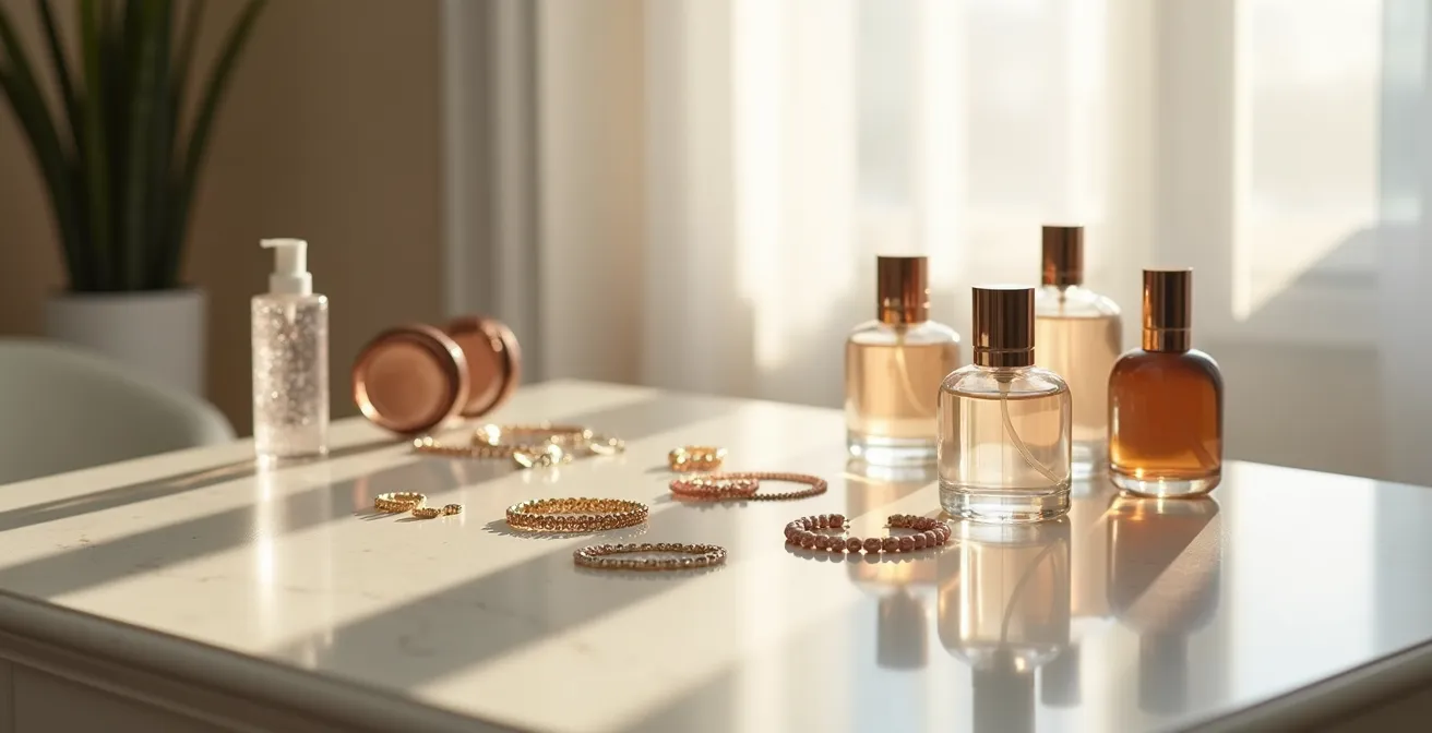 Table de préparation élégante avec bijoux disposés délicatement à côté de produits de beauté