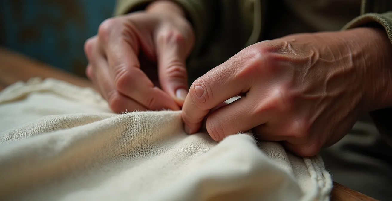 Détail macro sur des mains d'ouvrier textile travaillant sur un tissu