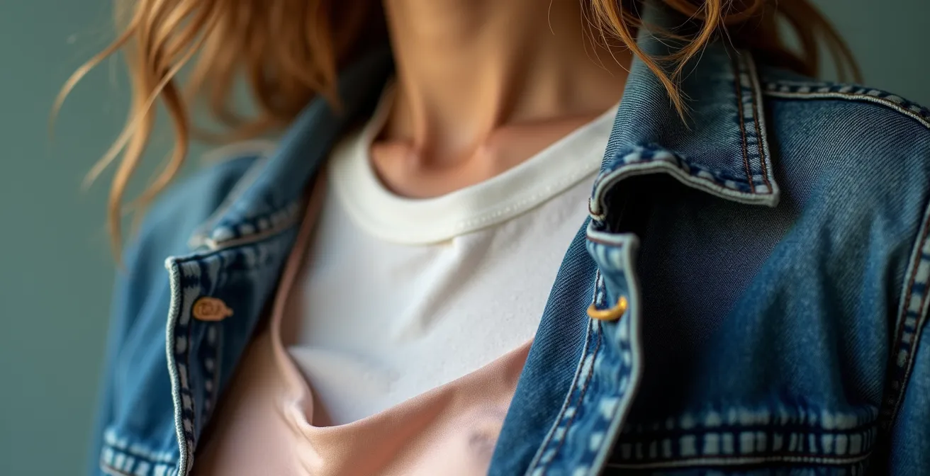 Gros plan sur la superposition de textures : une robe en satin, un t-shirt en coton et une veste en jean épaisse.