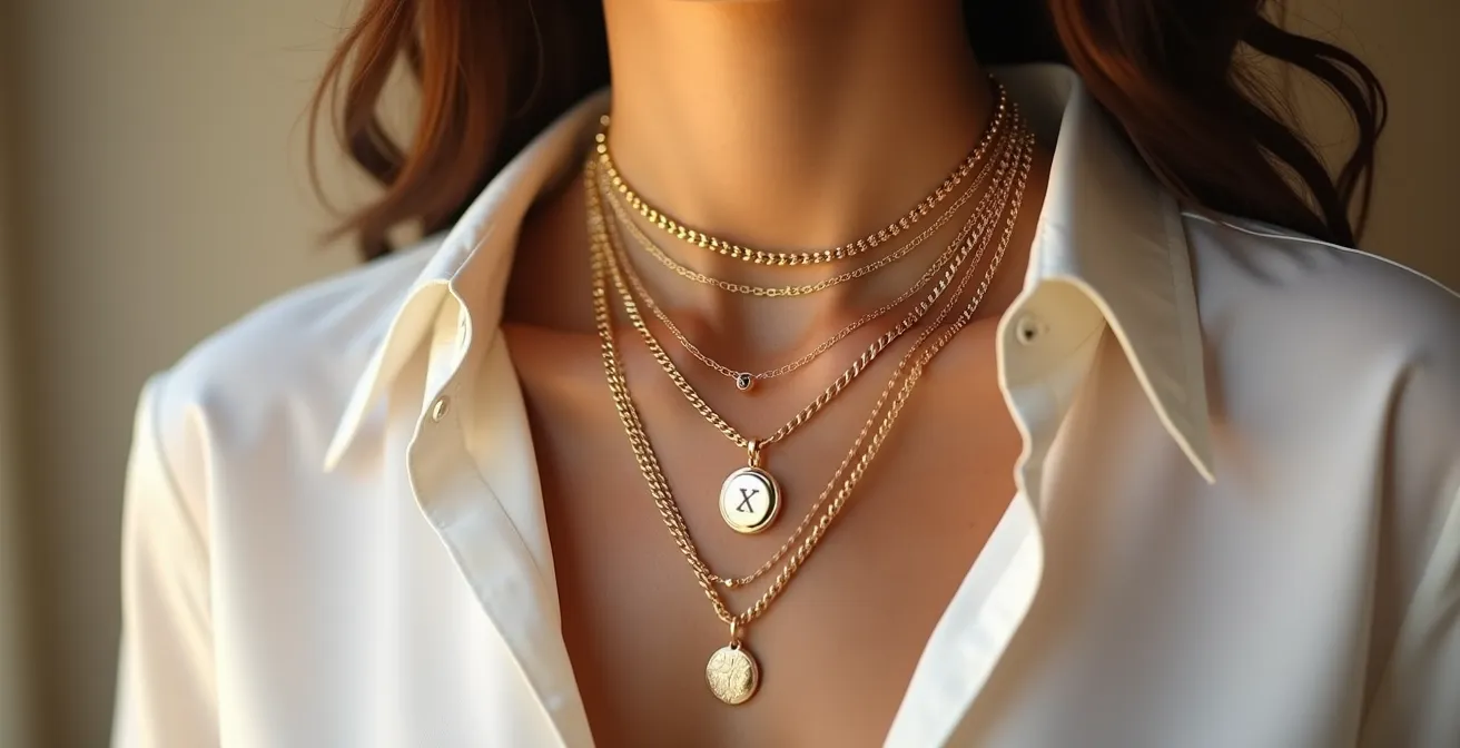 Démonstration du layering de colliers dorés à différentes longueurs sans emmêlement