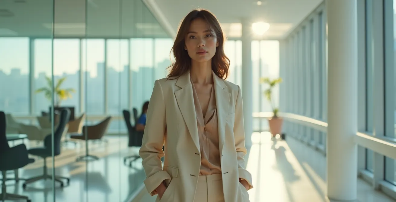 Ensemble professionnel moderne avec blazer structuré et détails contemporains