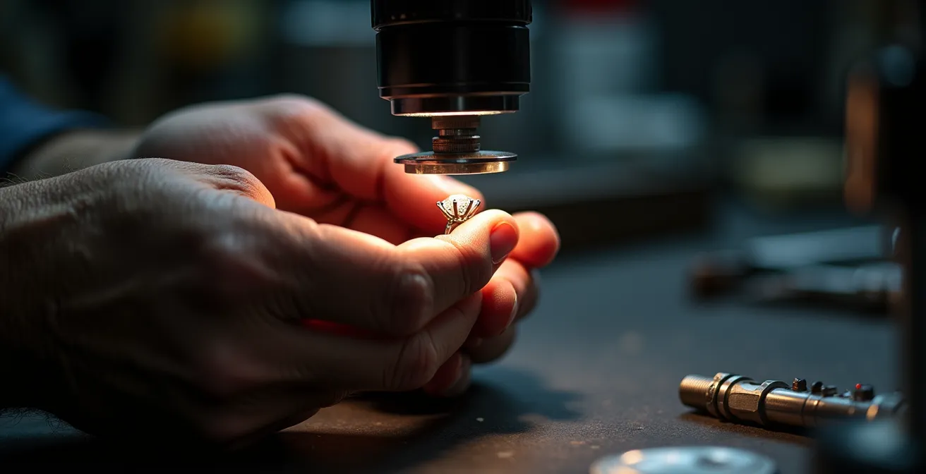 Inspection minutieuse d'un sertissage à griffes avec une loupe de joaillier