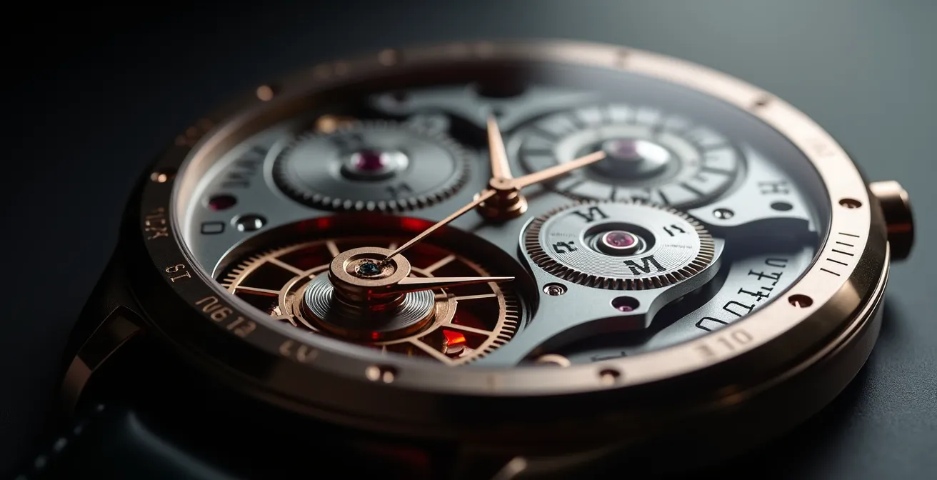 Mécanisme de quantième perpétuel montrant la zone critique entre 21h et 3h avec engrenages en prise